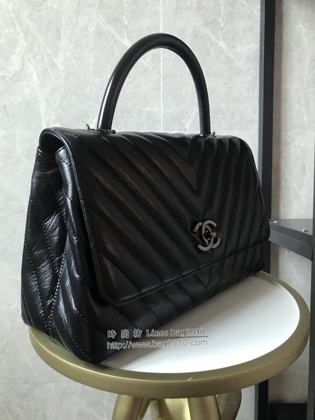 Chanel女包 香奈兒專櫃V格油臘皮配與油臘皮手柄口蓋包 Chanel單肩斜挎手提女包 92991  djc4181